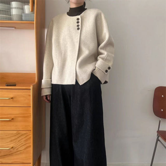 Autumn And Winter New Design Sense Creamy-white Short Woolen Coat Women