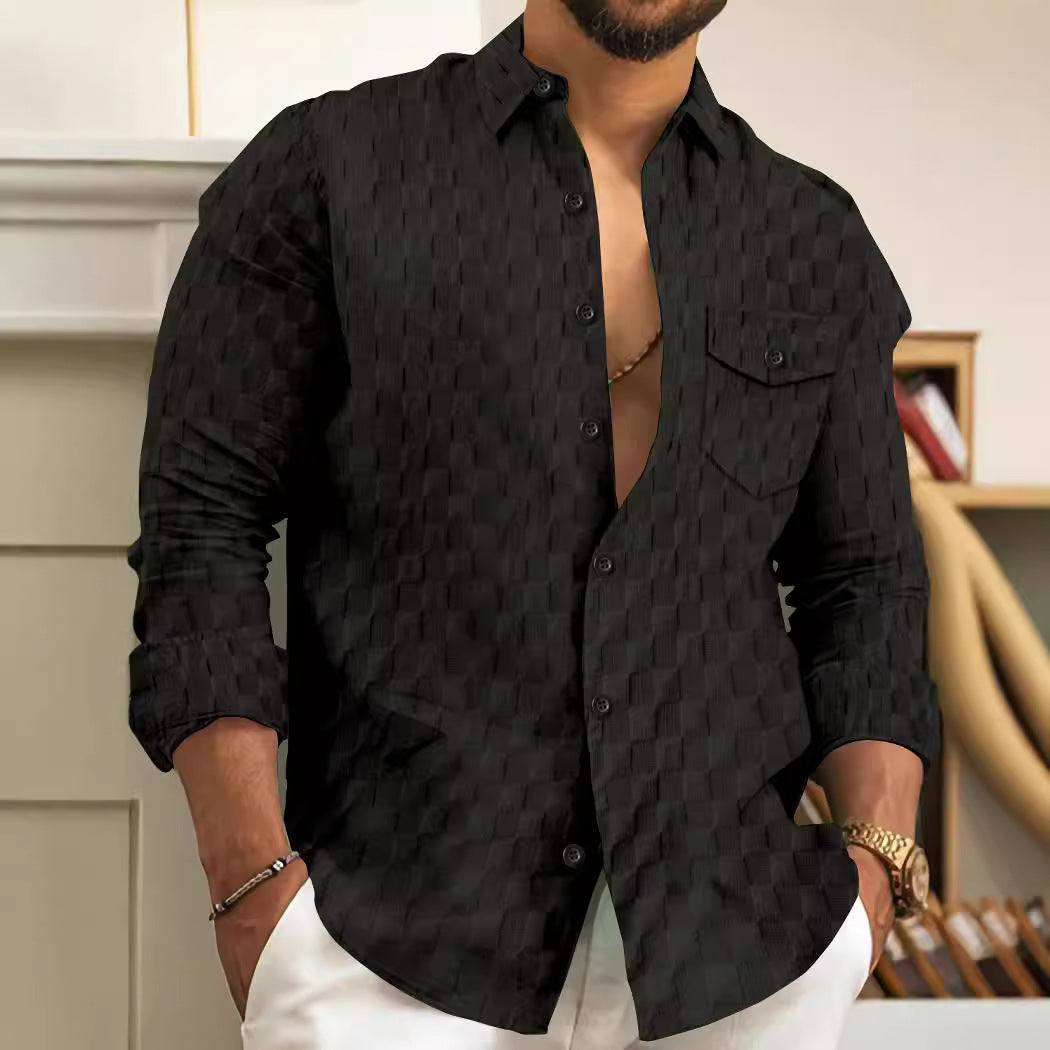 Men's Plaid Jacquard Chest Pocket Lapels Long Sleeve Lapel Shirt