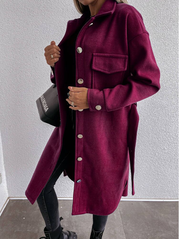 Solid Color Lace Long Sleeve Woolen Coat
