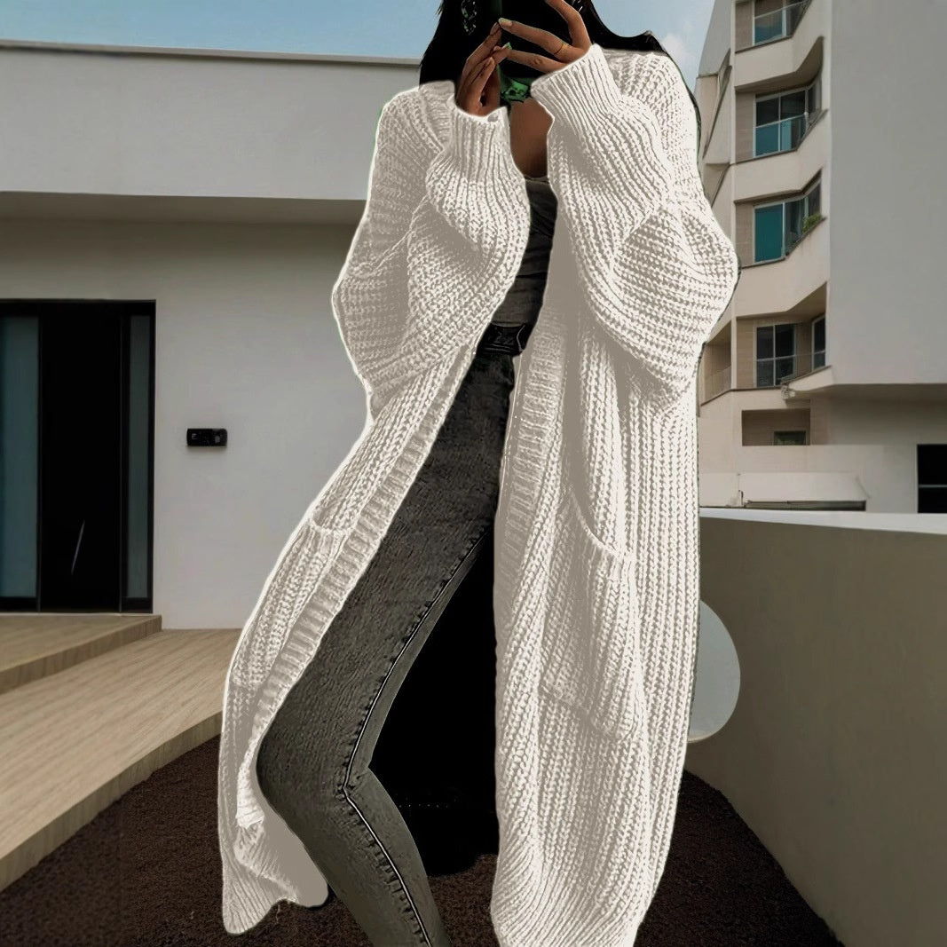Knitted Long Cardigan With Pockets Fashion All-match Lantern-sleeved Coat