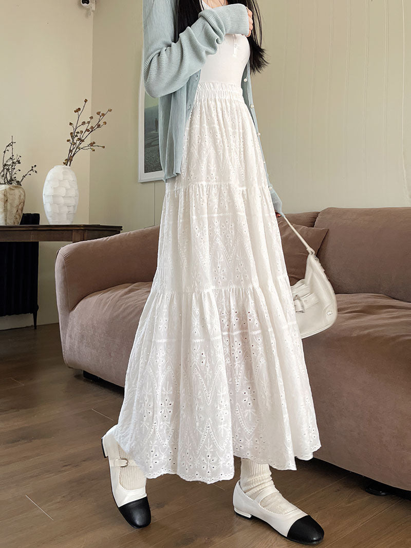 New French Style Retro Elastic Waist Pure Cotton Embroidery Long Dress