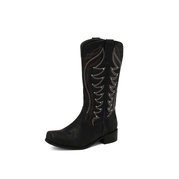 West Embroidered Denim Totem Square Toe Mid-heel High Leg Boot