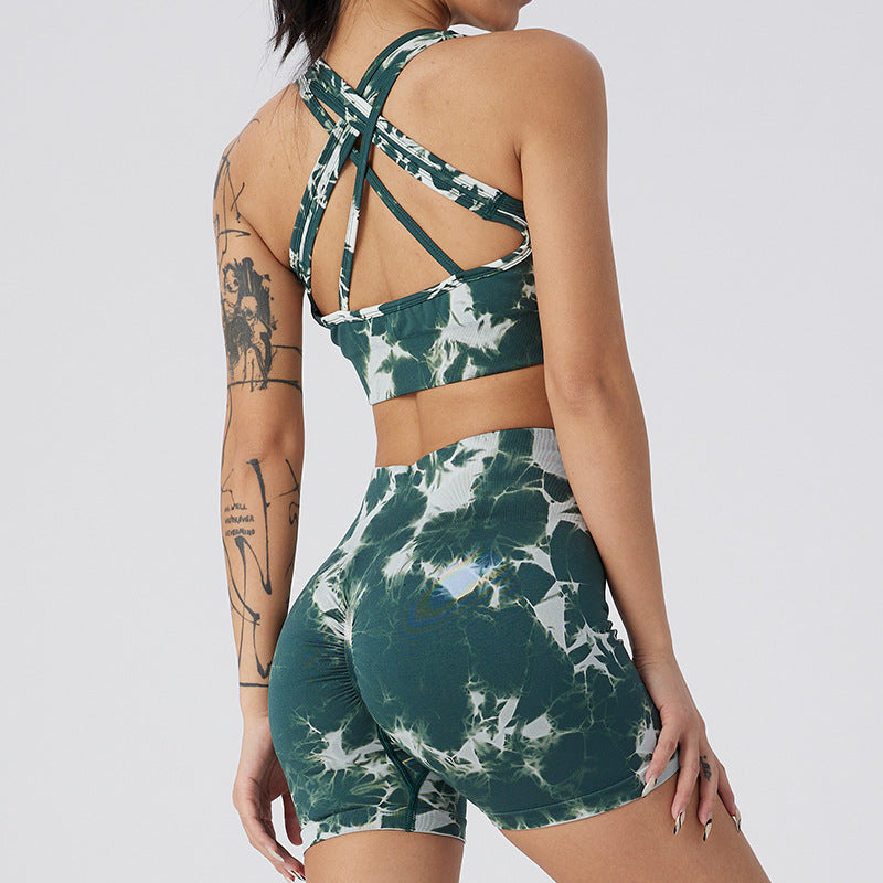 New Cross Sports Underwear High Waist Stretch Tight Yoga Shorts Seamless Tie-dye Sports Suit