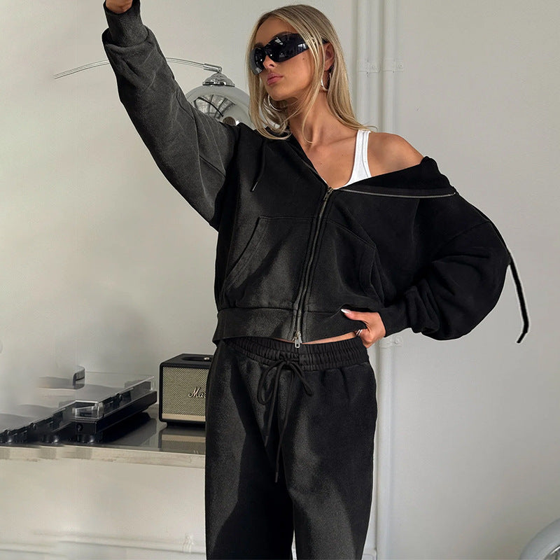Zipper Hoodie Slim Fit Drawstring Casual Pants Suit