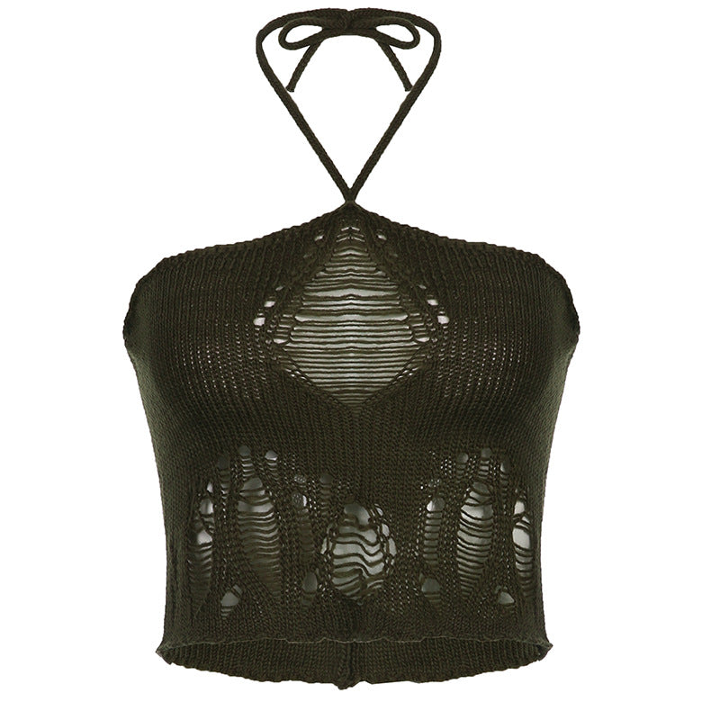 Irregular Cutout Halter Neck Tie Wool Vest