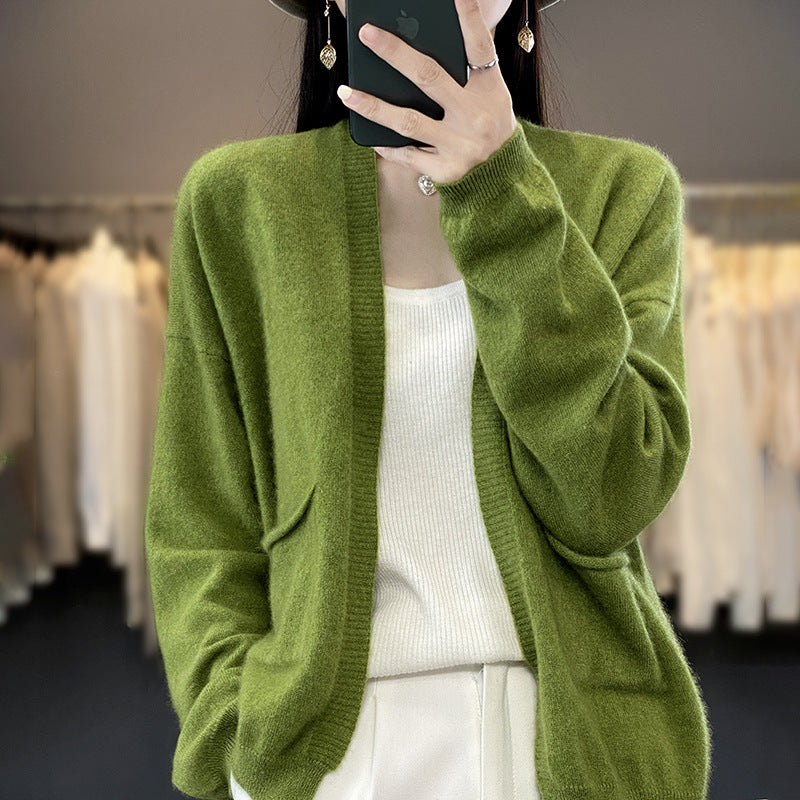 Spring And Autumn New Cardigan Solid Color And V-neck Thin Loose Slimming And All-matching Coat With Pocket