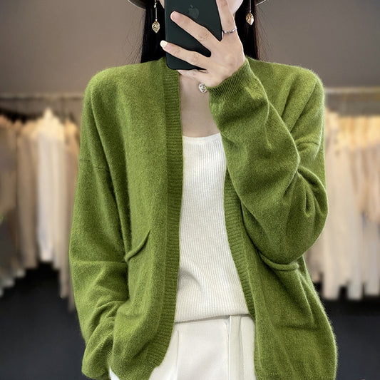 Spring And Autumn New Cardigan Solid Color And V-neck Thin Loose Slimming And All-matching Coat With Pocket