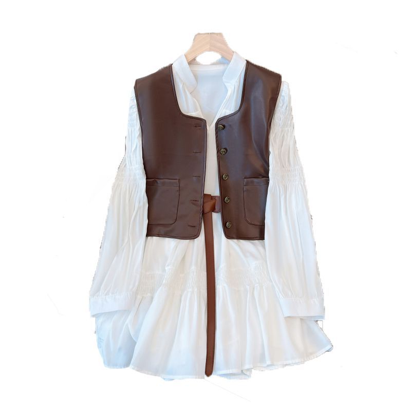 French Retro Shirt Dress Women's Vest Two-piece Set