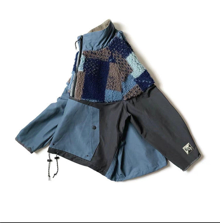 Polar Fleece Checkerboard Stitching Tooling Color-blocking Warm High-neck Jacket