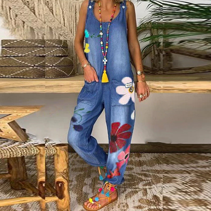 Women's Fashion Minimalist Loose Fitting Casual Printed One Piece Strappy Trousers