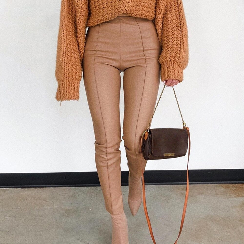 FSDA Fashion PU Leather Pants Khaki Women Casual Zip