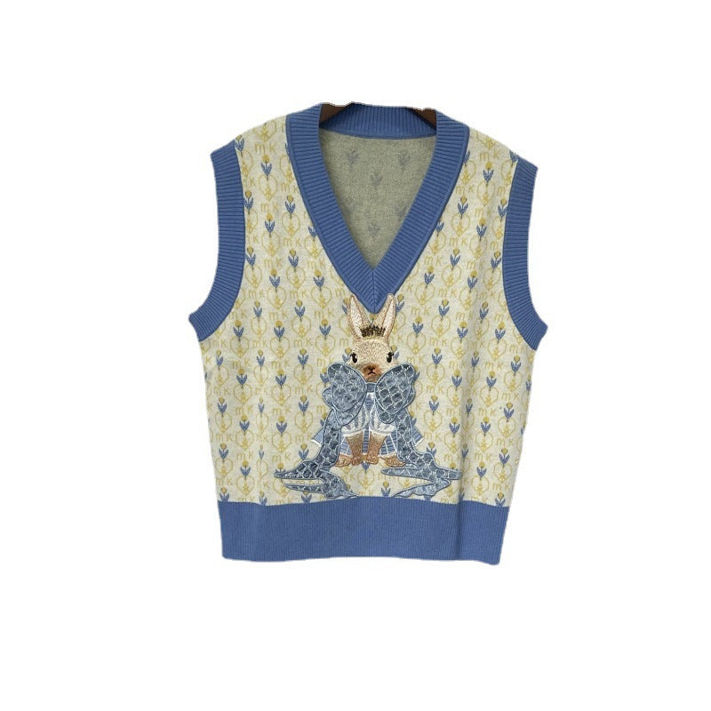 Embroidered Knitted Vest Cartoon Rabbit