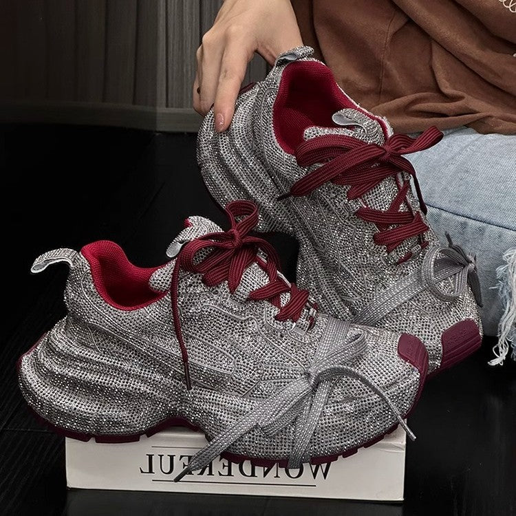 Platform Dad Sneakers til Kvinder Nye Åndbare Rhinestone Fuld Diamantrem