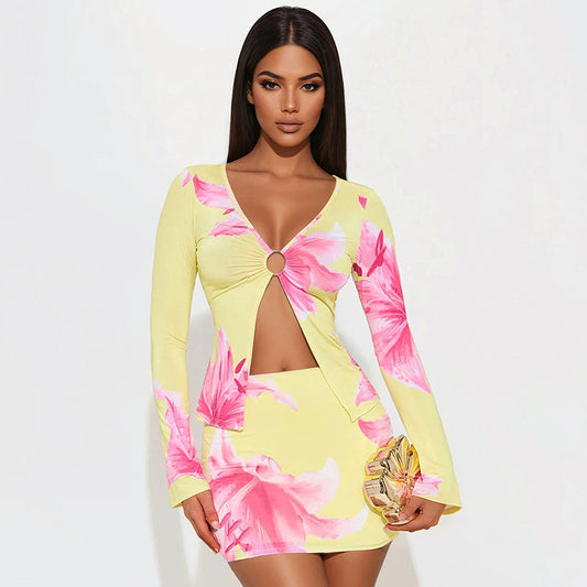 Women's Floral Print Long-Sleeve Jumpsuit With Hoop And Slit