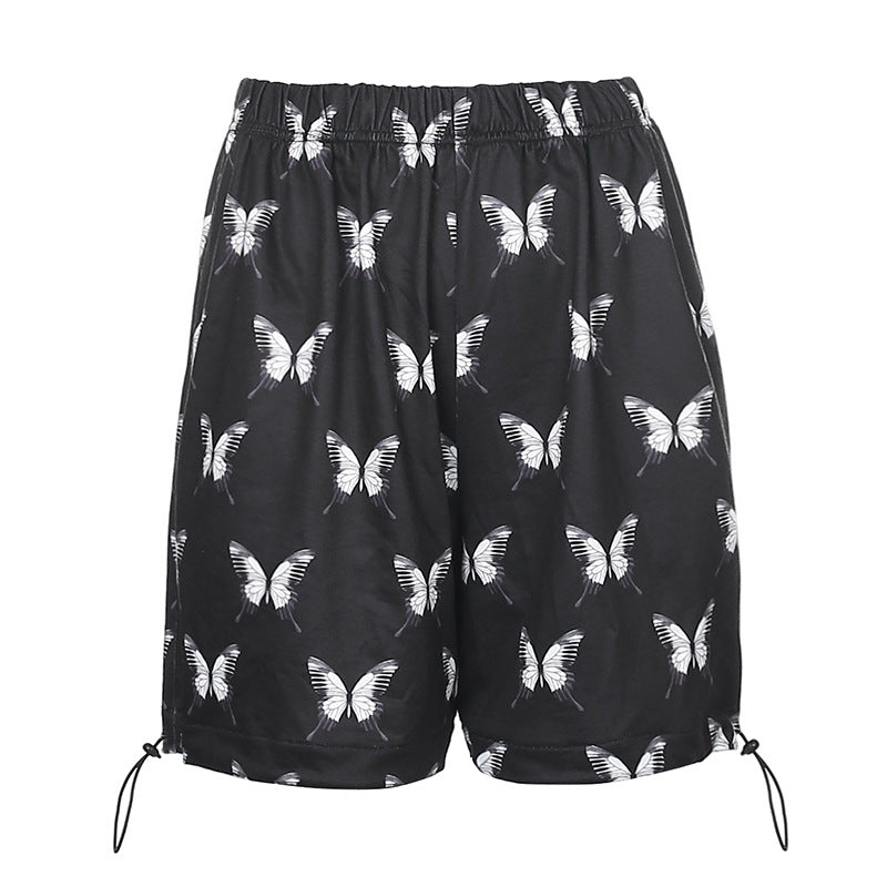 Butterfly print drawstring high waist shorts