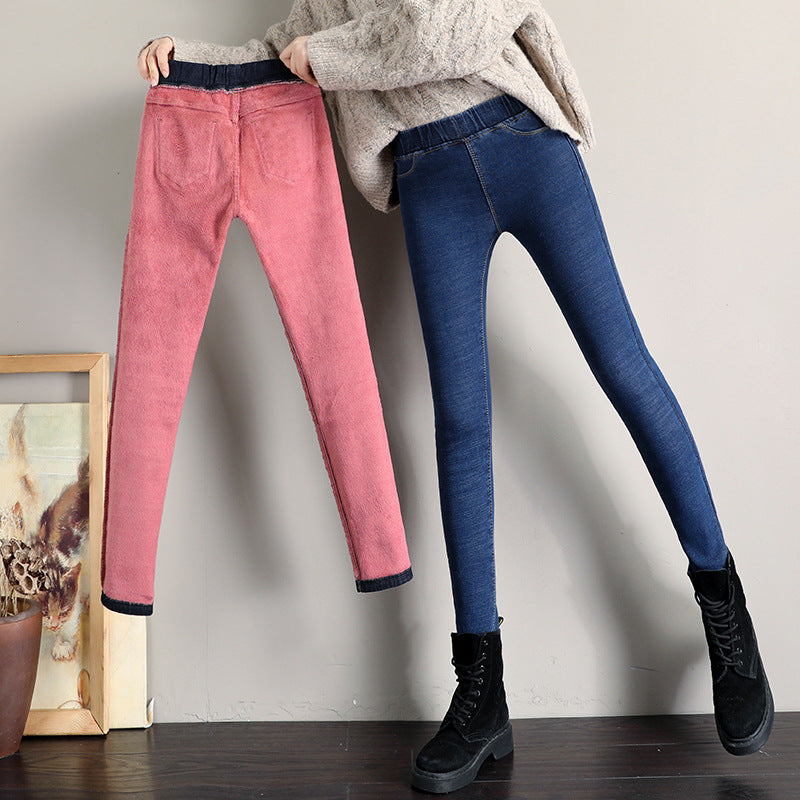 Plush padded high-waisted jeans women's feet pants