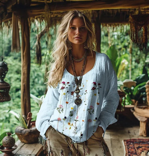 Women's Retro Bohemian Print Cotton And Linen Blend Loose Blouse