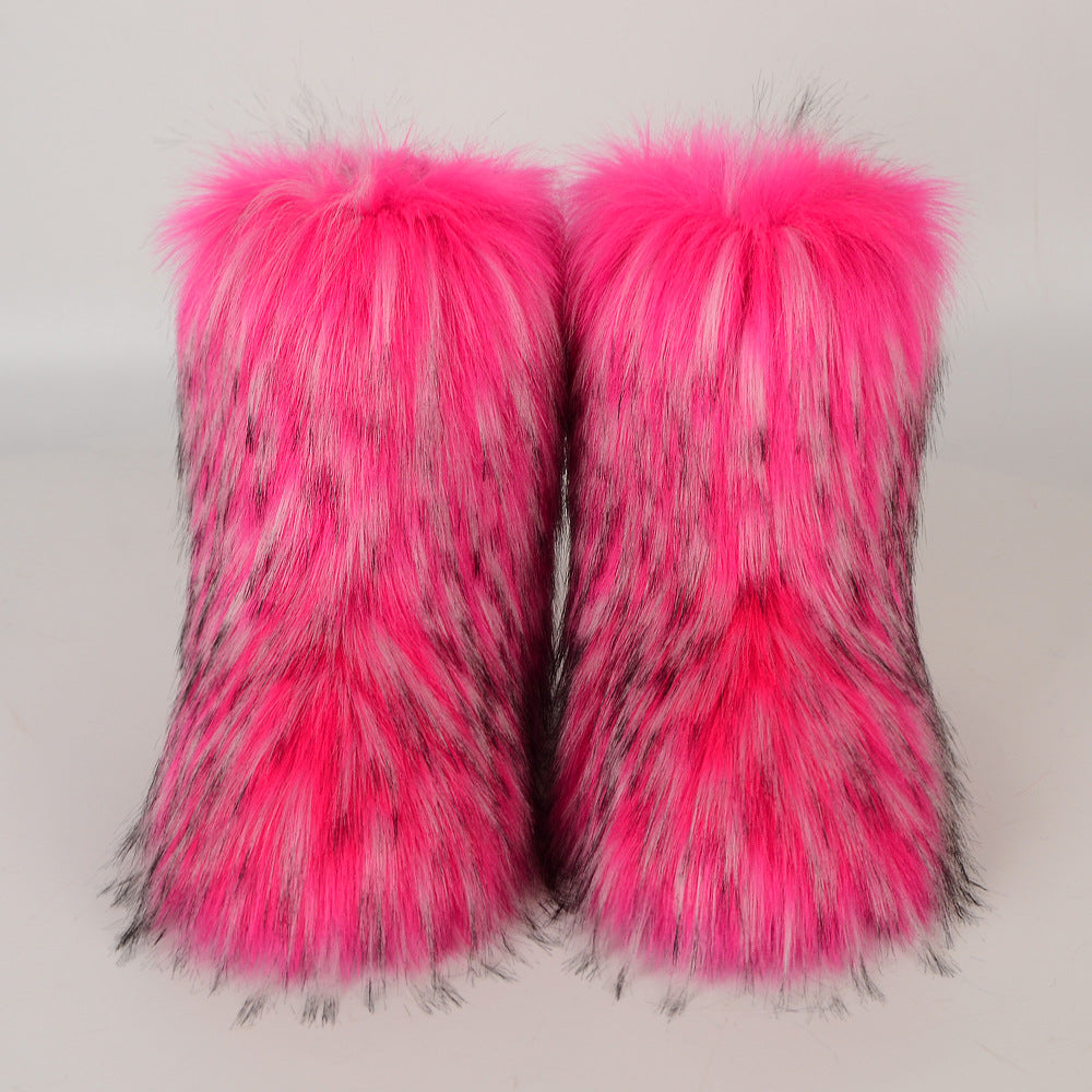 Winter Fur Integrated Imitation Raccoon Fur Women's Snow Boots Fluffy Shoes Outdoor Middle Boots