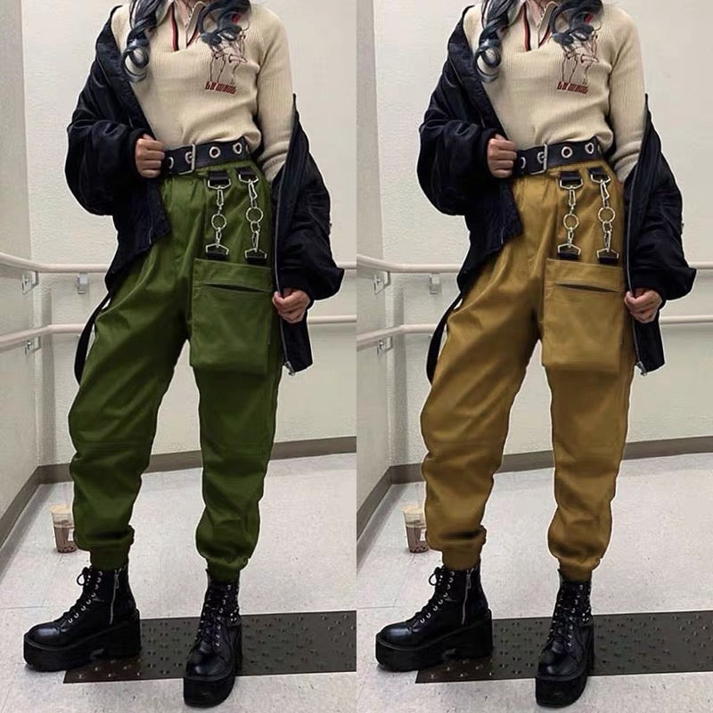 Street Style Metal Element Detachable Chain Pocket Overalls Women High Waist