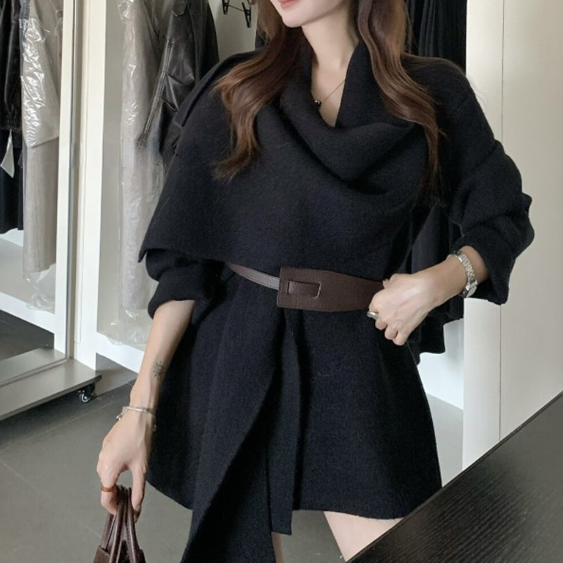 Women's Polyester Scarf Collar Knitted Cardigan Jacket Short Coat With Belt