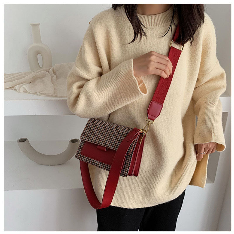 Retro small square bag shoulder bag houndstooth contrast color