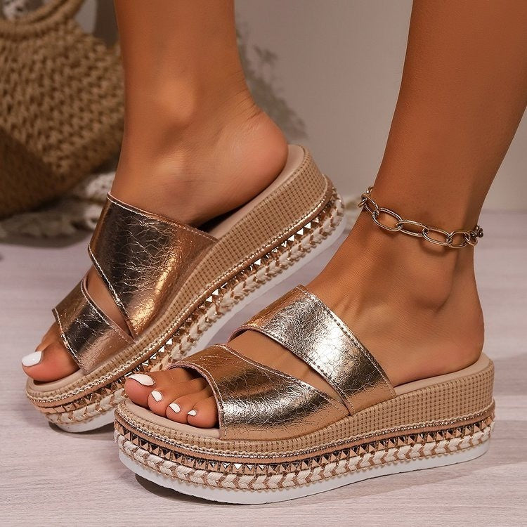 Platform Slippers Rivet Golden Hollow Sandals