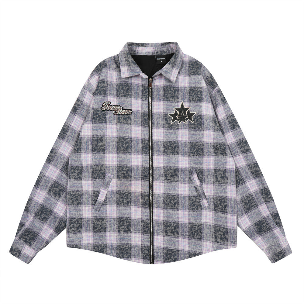 Washed And Worn Plaid Jacket Shirt For Men