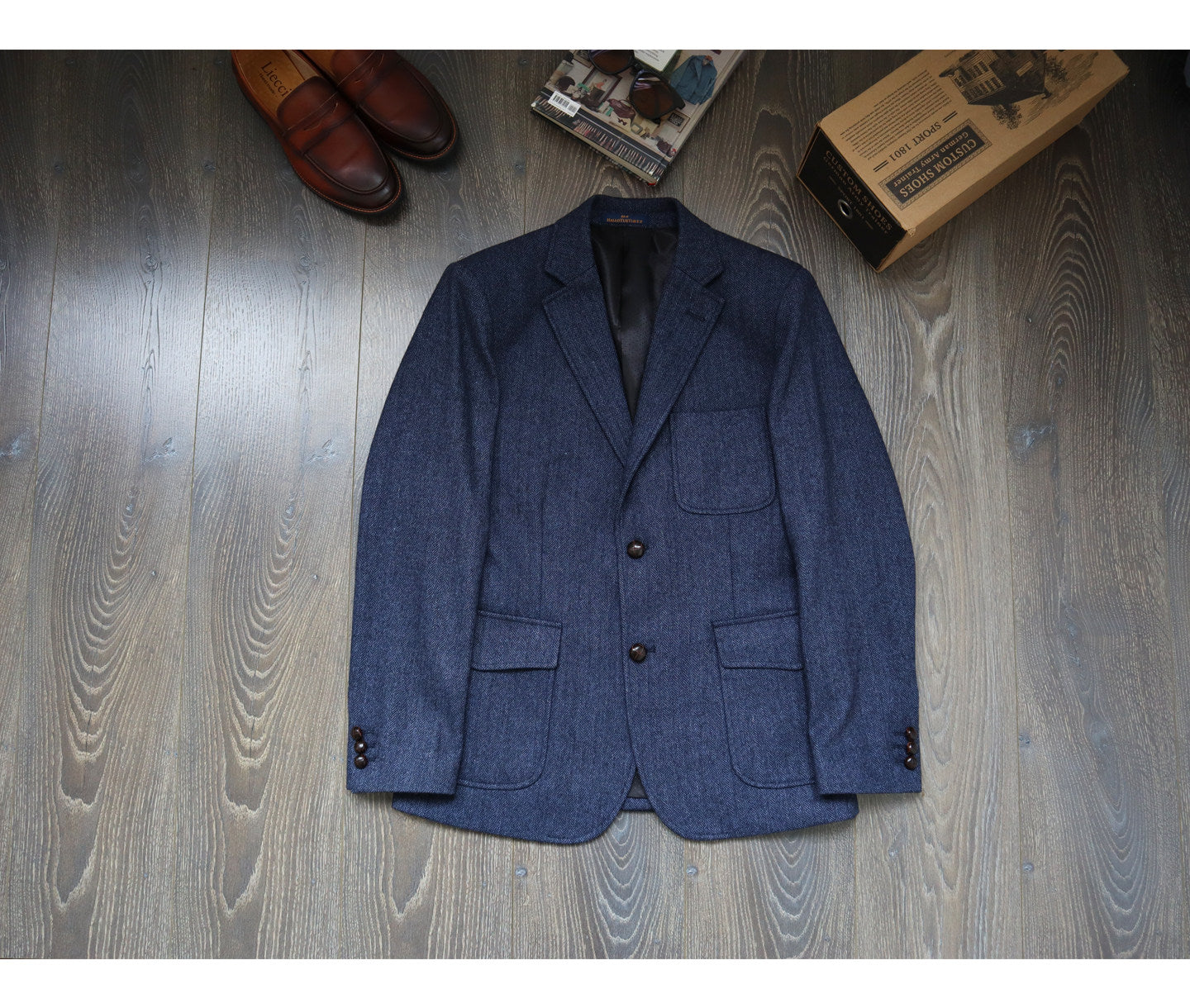 American-style Vintage Herringbone Tweed Heavyweight Wool Work Jacket With Mushroom Buttons