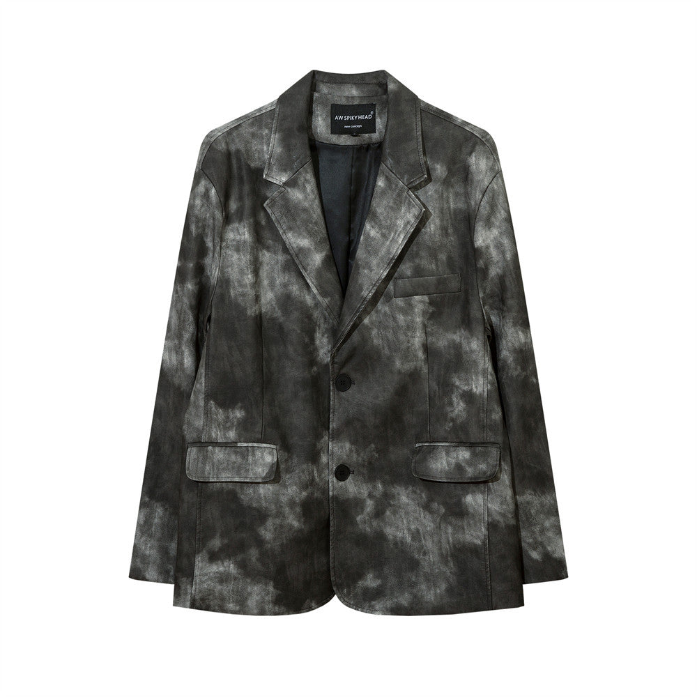 Men's Autumn Tie-dye Contrast Color Suit Collar PU Leather Jacket Coat