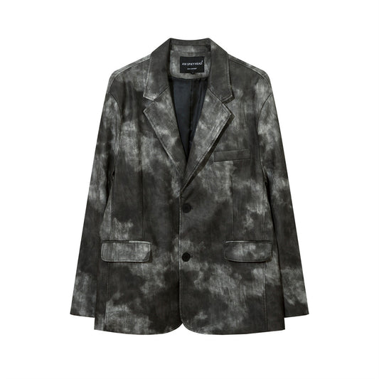 Men's Autumn Tie-dye Contrast Color Suit Collar PU Leather Jacket Coat
