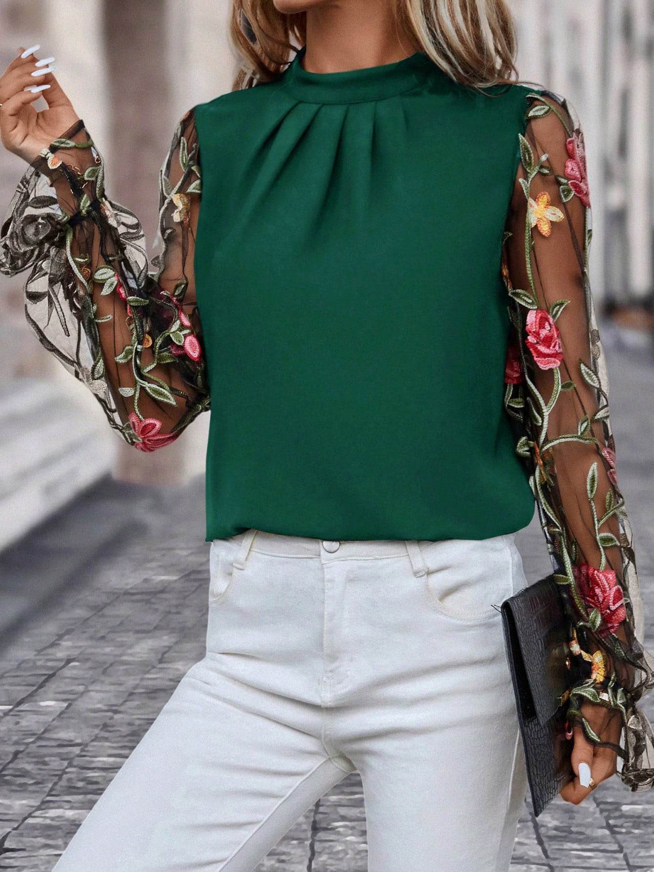 Womens Half-Neck Blouse With Patchwork 3D Embroidered Mesh Fabric