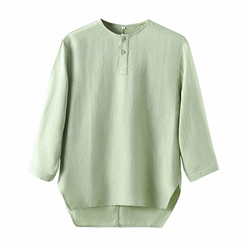 Casual Linen Men's Simple Round Neck 34 Sleeves Linen T-shirt Loose Breathable Top