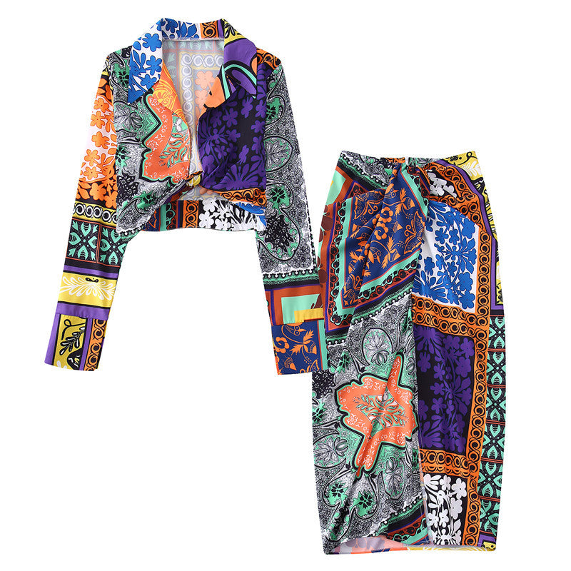 Lapel Print Shirt Women's Section Decoration Skirt Suit