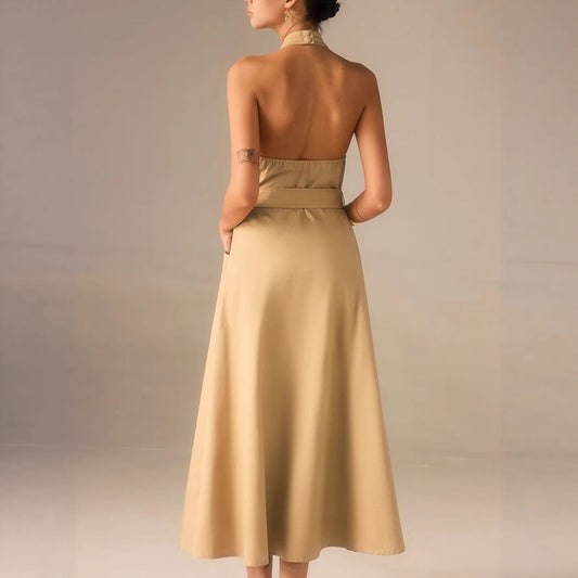 Elegant French-style Lace-up Dress With A Vacation Vibe