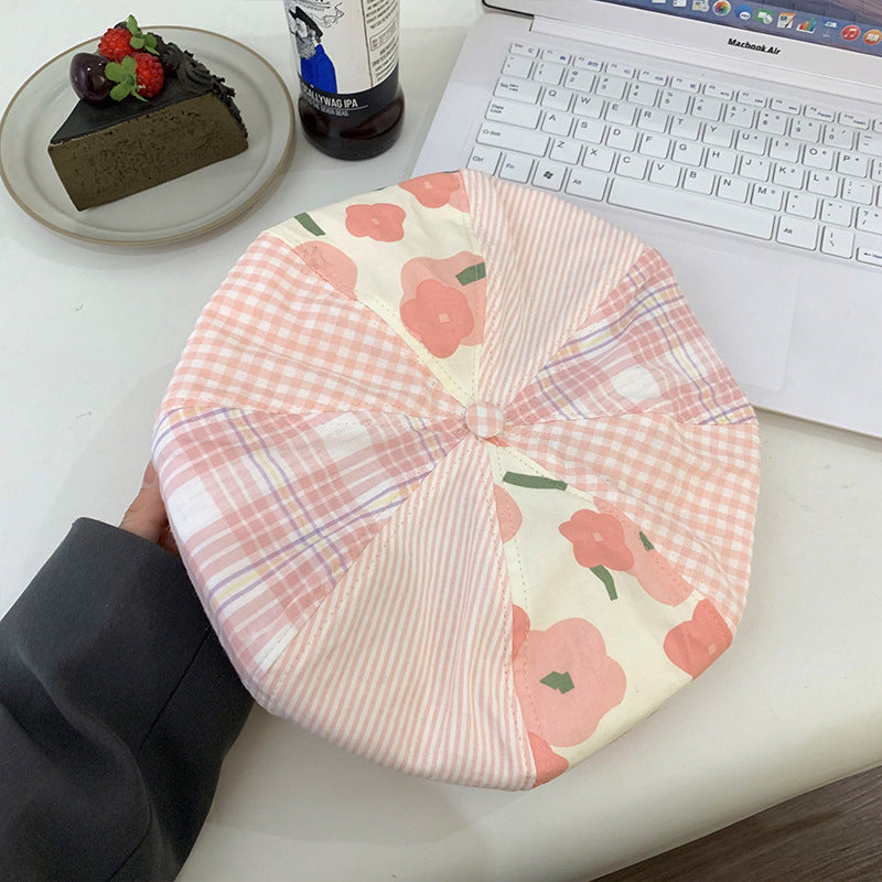 Japanese-style Blue Plaid Patchwork Beret