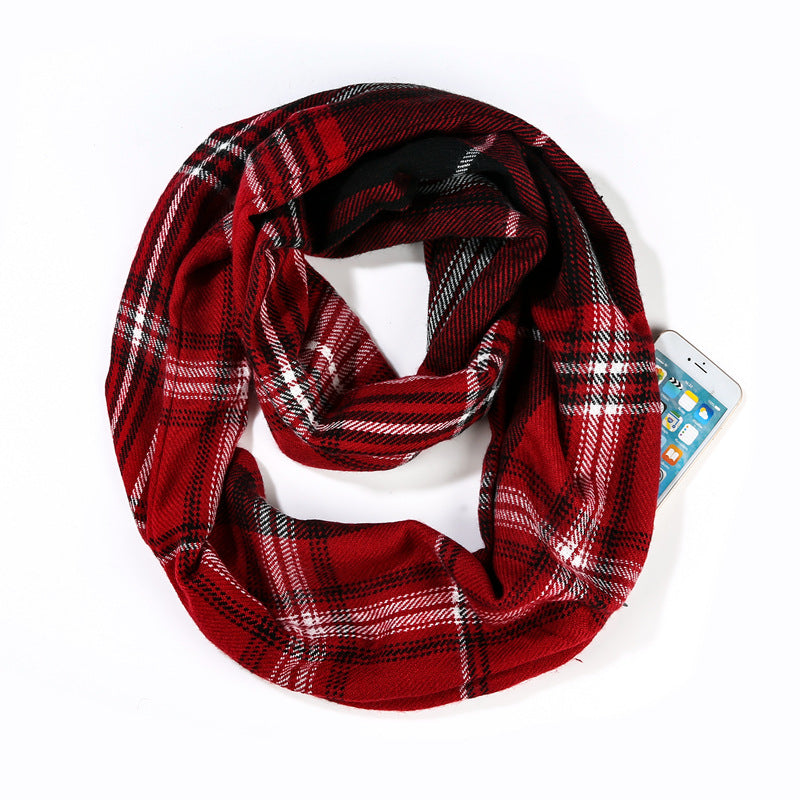Cashmere plaid scarf invisible pocket bib