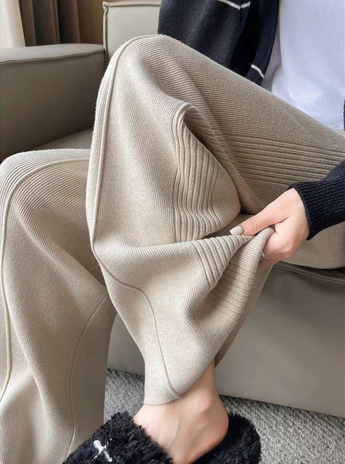 Sunken Stripe Knitted Wide Leg Women's Straight-leg Pants