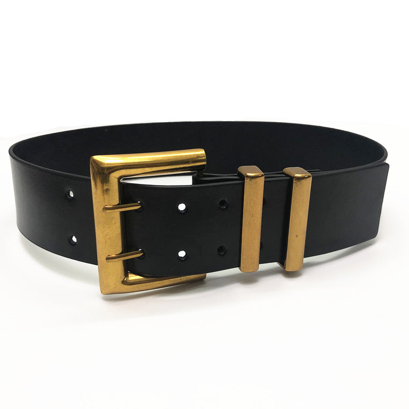Leather pin buckle girdle ultra-wide two-layer leather retro belt