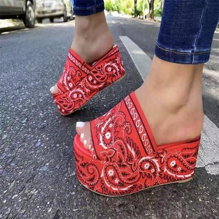 Printed Cashew Thick-soled Open-toe Outer Wear Ladies Sandals And Slippers