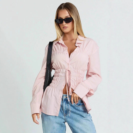 Womens Stylish Elegant Lapel Blouse With Pleated Details And Long Sleeves