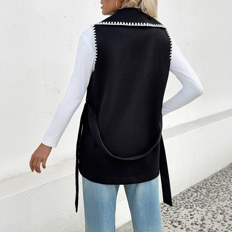 Casual Simple Lace Cardigan Lapel Contrast Color Trim Vest Coat Women