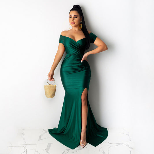 Nightclub V-neck Formal Dress In Solid Color With A High Slit And Short Sleeves