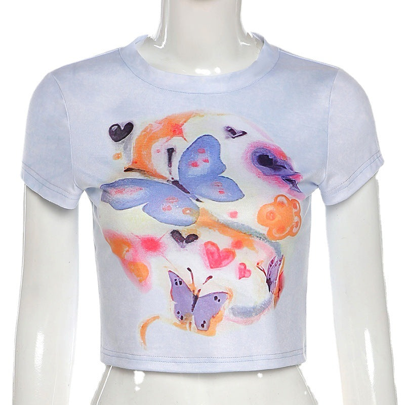White Butterfly Print Round Neck Slim Fit