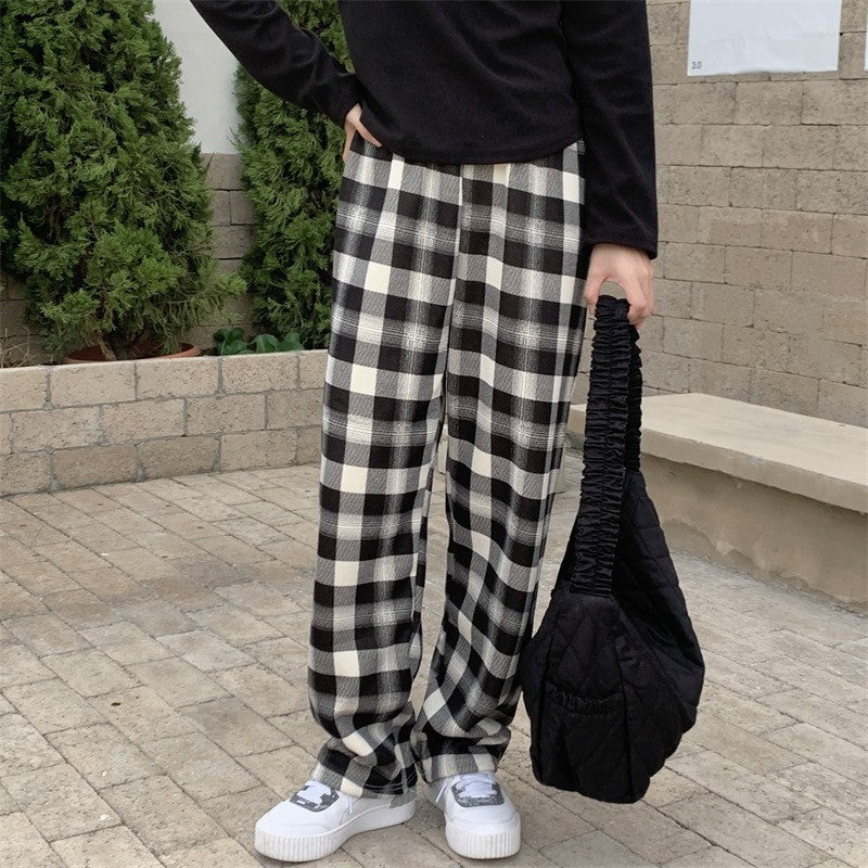 Fleece Cashmere Plaid Wide-leg Casual Pants
