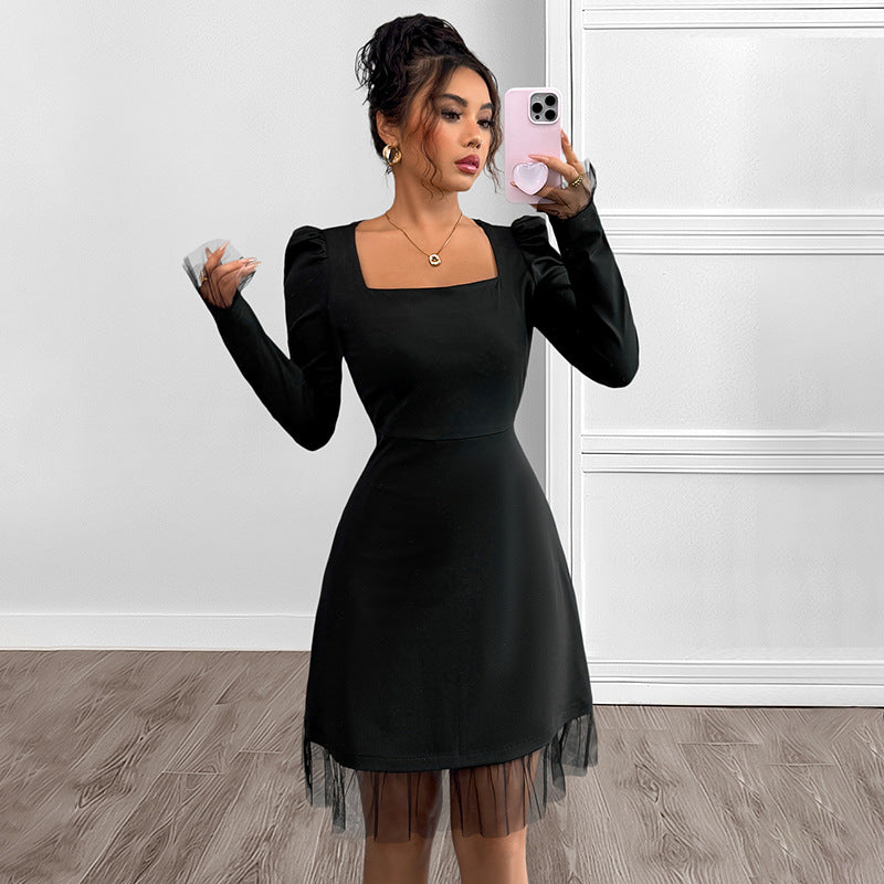 Womens Casual Patchwork High-Waisted Long-Sleeve Dress
