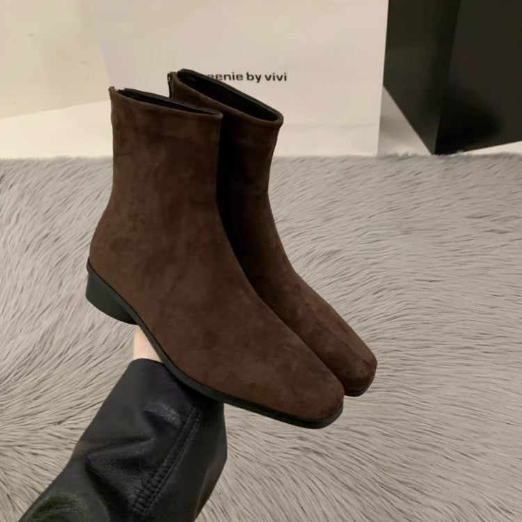 Womens Chunky-Heel Suede All-Match Fleece-Lined Stylish Ankle Boots