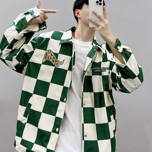 Retro Contrast Color Green Plaid Lapel Jacket Men