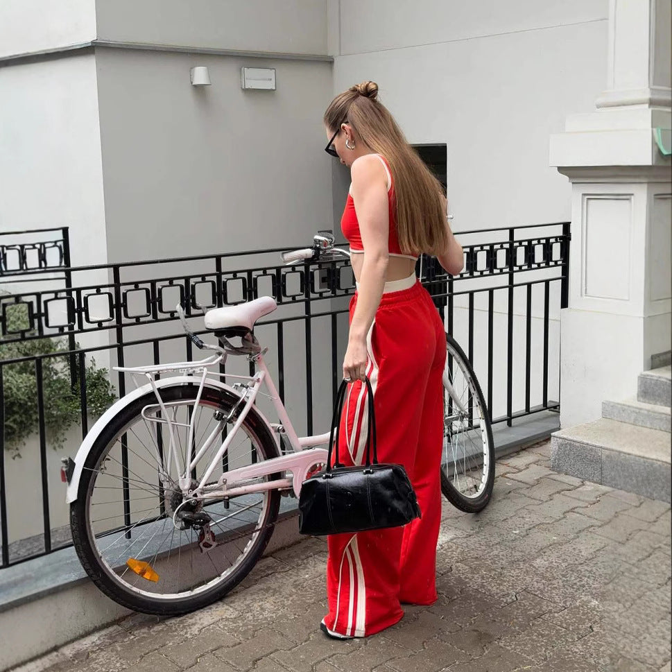 Womens Street-Style Sports Tank Top And High-Waisted Wide-Leg Pants Set
