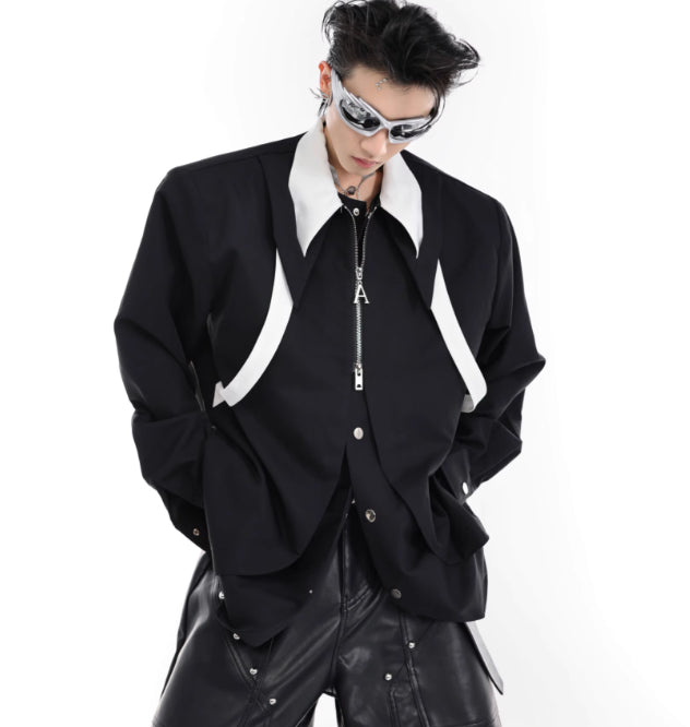 Contrast Color Split Tie Shirt Double Layer Design Sense