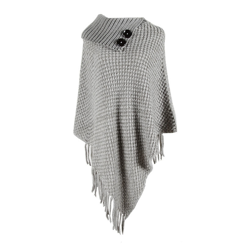 Buttoned half-open collar tassel cape shawl